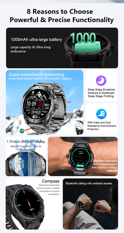 2026 New Military GPS Smart Watch 1000Mah Battery Compass IP68 Waterproof Tactics Sport Flashlight BT Call Smart Watch For Men