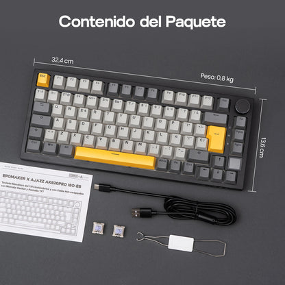 ISO-ES-Layout EPOMAKER X AJAZZ AK820 PRO 75% Spanisches Layout Kabelgebundene/2.4GHz/BT mechanische Tastatur mit Display & Drehregler für PC/Mac