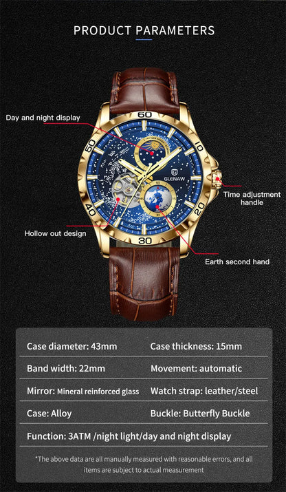 GLENAW Rotating Earth Double Second Hand WristWatch Men Automatic Mechanical Watch Starry Sky Stainless Steel Leather Watchband