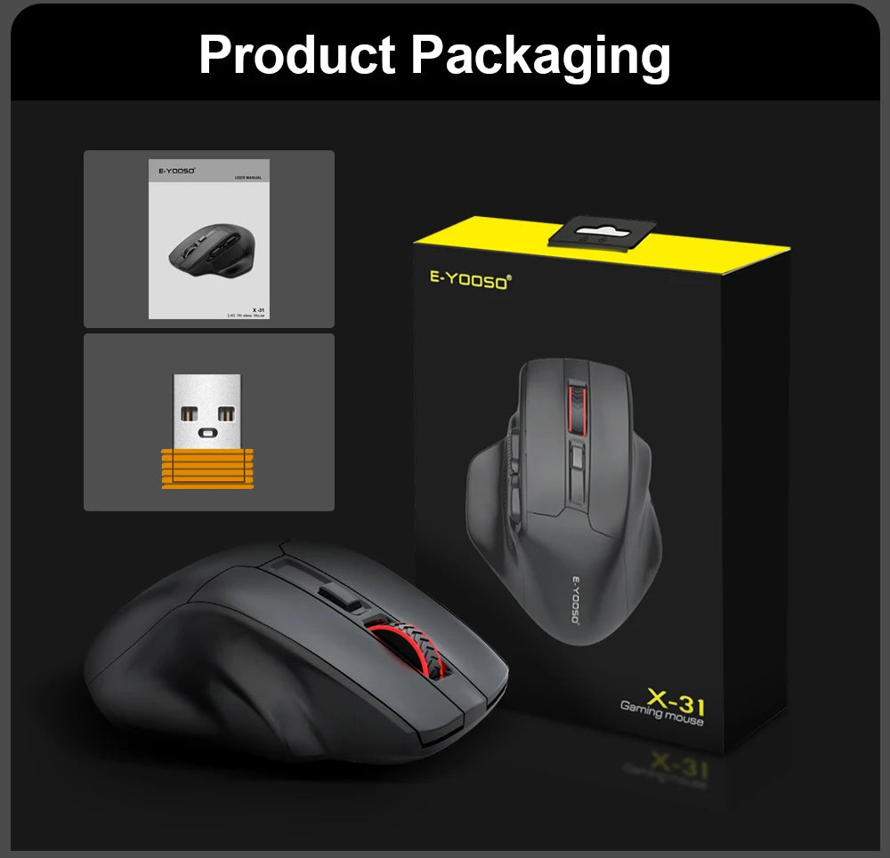 E-YOOSO X-31 Pro USB гейминг мишка с голяма опора, Bluetooth 2.4G безжична връзка, PAW3212, 4800 DPI, за геймъри, компютър, лаптоп и PC