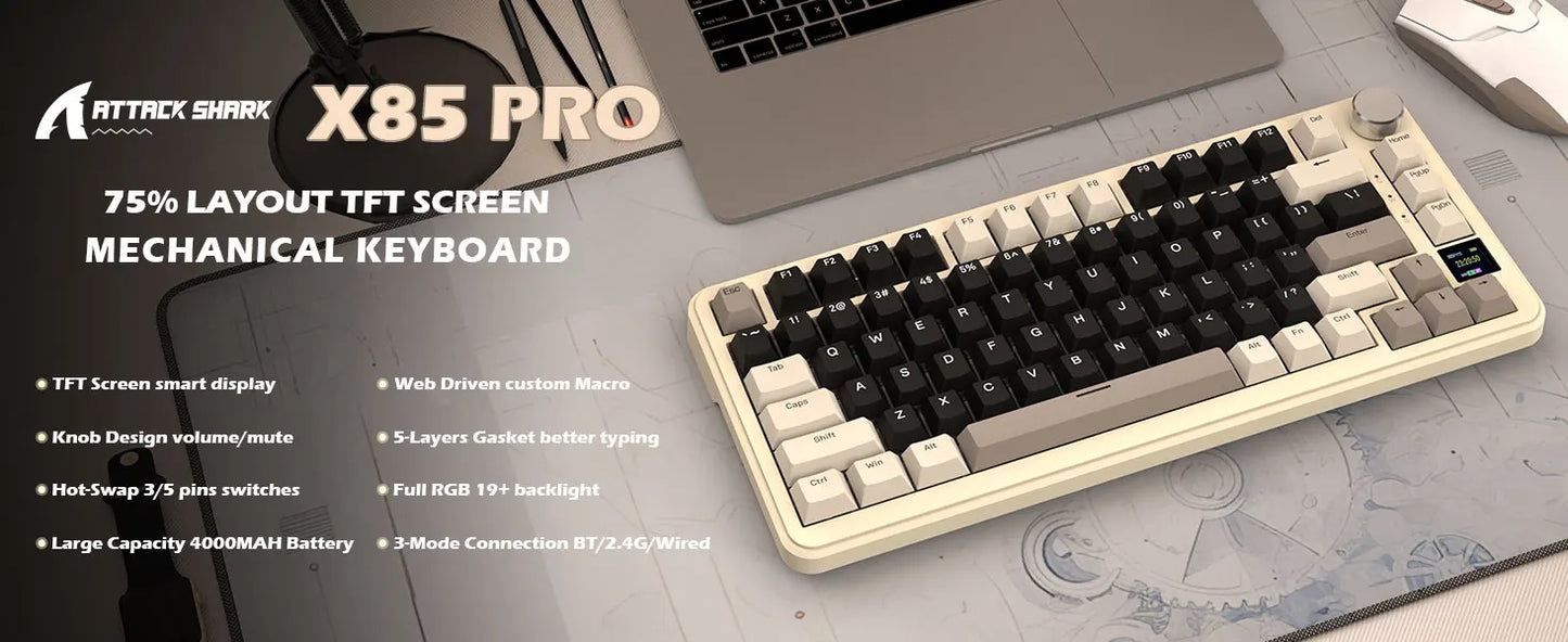ATTACK SHARK X85 Pro 75% Mechanical Keyboard Wireless RGB Gaming Keyboard with Display Screen, Knob Control, Hot Swappable Gasket Mount, Bluetooth, 2.4GHz & Wired