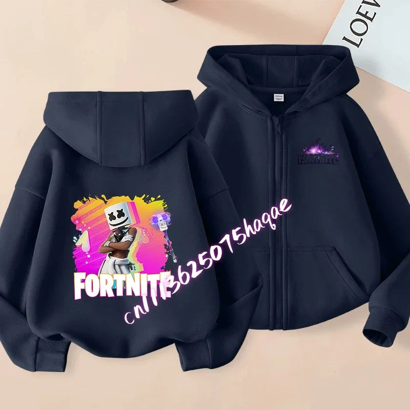 Casaco Outdoor Infantil Cartoon FORTNITED para Rapariga e Rapaz, Sweatshirt com Fecho, Corta-Vento Fino de Alta Qualidade para Outono, Peça Superior de Vestuário