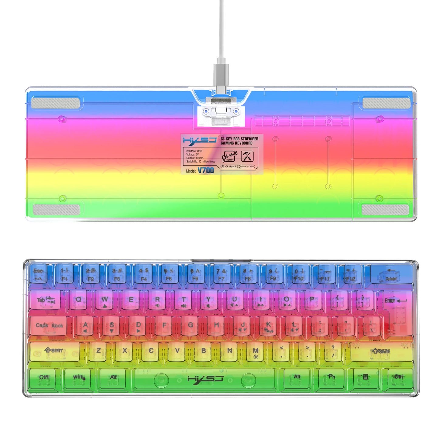 HXSJ 60% kabelgebundene transparente Gaming-Tastatur, RGB-beleuchtet, ultrakompakte wasserdichte kleine Kompakttastatur mit 61 Tasten für PC/Mac