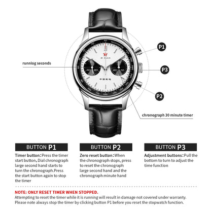 Red Star Panda Mens 1963 Chronograph Mechanical Wristwatch Seagull st1901 Movement Gooseneck 40mm Luminous Sapphire Pilot Watch