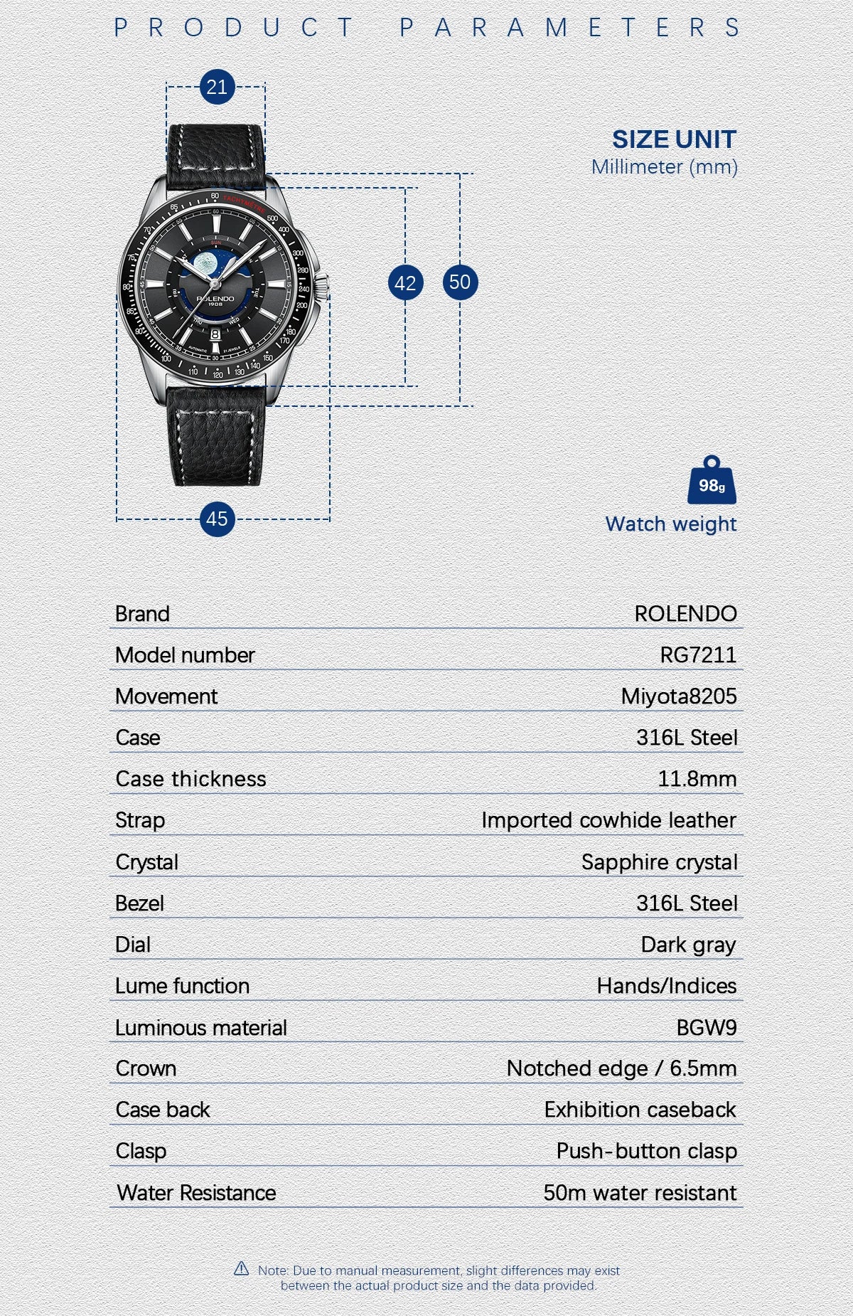ROLENDO 1908 Men Automatic Mechanical Watch 21 Jewels Black Genuine Leather Business Wristwatch Waterproof Luxury Male Timepiece