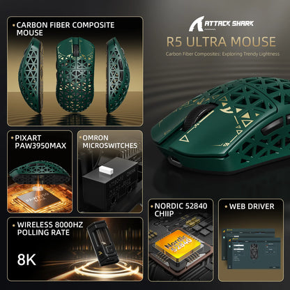 Rato Gaming Sem Fios ATTACK SHARK R5 Ultra em Fibra de Carbono, Sensor Gaming PixArt PAW3950MAX, 42000DPI, 8000Hz, MCU Nordic 52840