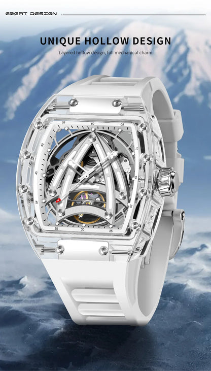 PINDU Designer Hollow Tonneau Mechanical Watch Men Luxury Brand Skeleton Automatic Watches Mens Sport Silicone Wristwatch JH3105