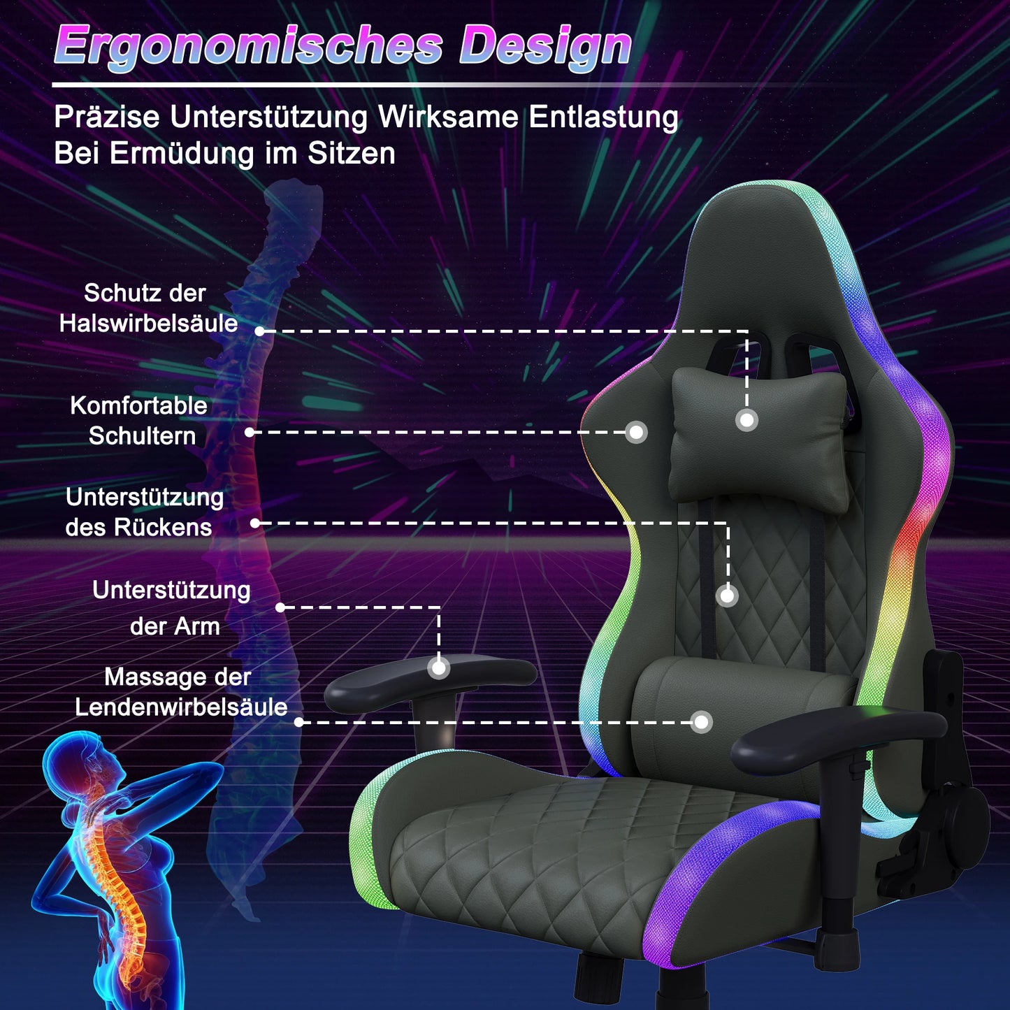 Ergonomic Gaming Chair with LED RGB Lights, Adjustable Gamer Chair with Lumbar Massage Support, Reclining Computer Chair for Teens & Adults