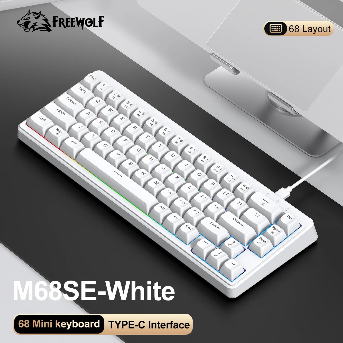 FREEWOLF M68SE Teclado con tacto mecánico de 68 teclas, mini teclado compacto con cable y silencioso para portátiles, gaming y uso de oficina