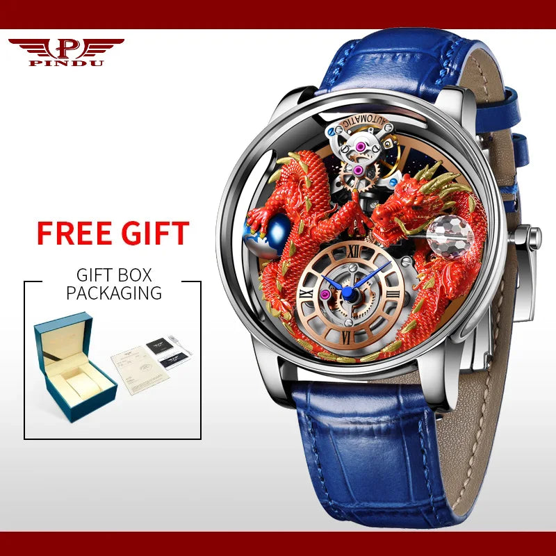 PINDU Design Celestial Body Series Traditionnelle Artisanat Three Dimensional Dragon Men Watch Curved Mirror Transparent Globe