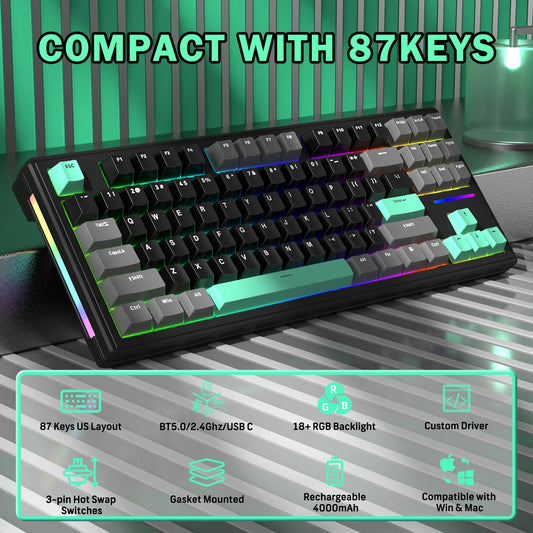 Attack Shark M87 TKL Wireless Mechanical Gaming Keyboard, RGB Backlit Compact Hot-Swappable Gasket Programmable USB-C/BT/2.4GHz