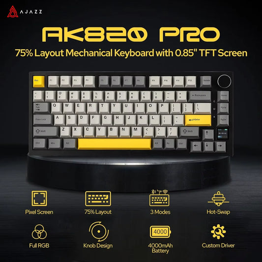 Ajazz AK820 Pro Gaming Mechanical Keyboard 75% Bluetooth/ Wireless Customized Gamer Keyboard with TFT Color Screen Knob for PC