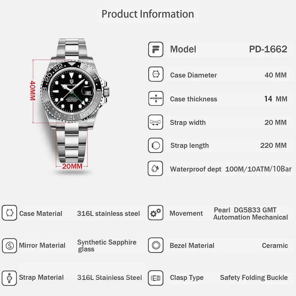 Man Watch PAGANI DESIGN GMT Men Mechanical WristWatch Luxury Sapphire Glass Waterproof 40mm Automatic Watch for Men Reloj Hombre