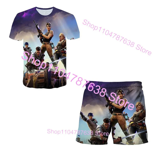 Conjunto Infantil 2 Peças F-Fortnited Victory 3D, T-shirt e Calções para Meninas e Meninos, Roupa Battle Royale, T-shirts Harajuku Hero
