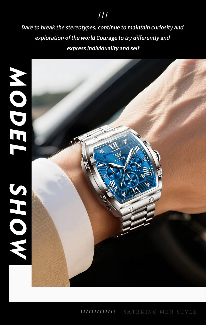 OLEVS New Design Tonneau Watch Men Luminous Waterproof Date Stainless Steel Chronograph Quartz Watches for Men Relogio Masculino