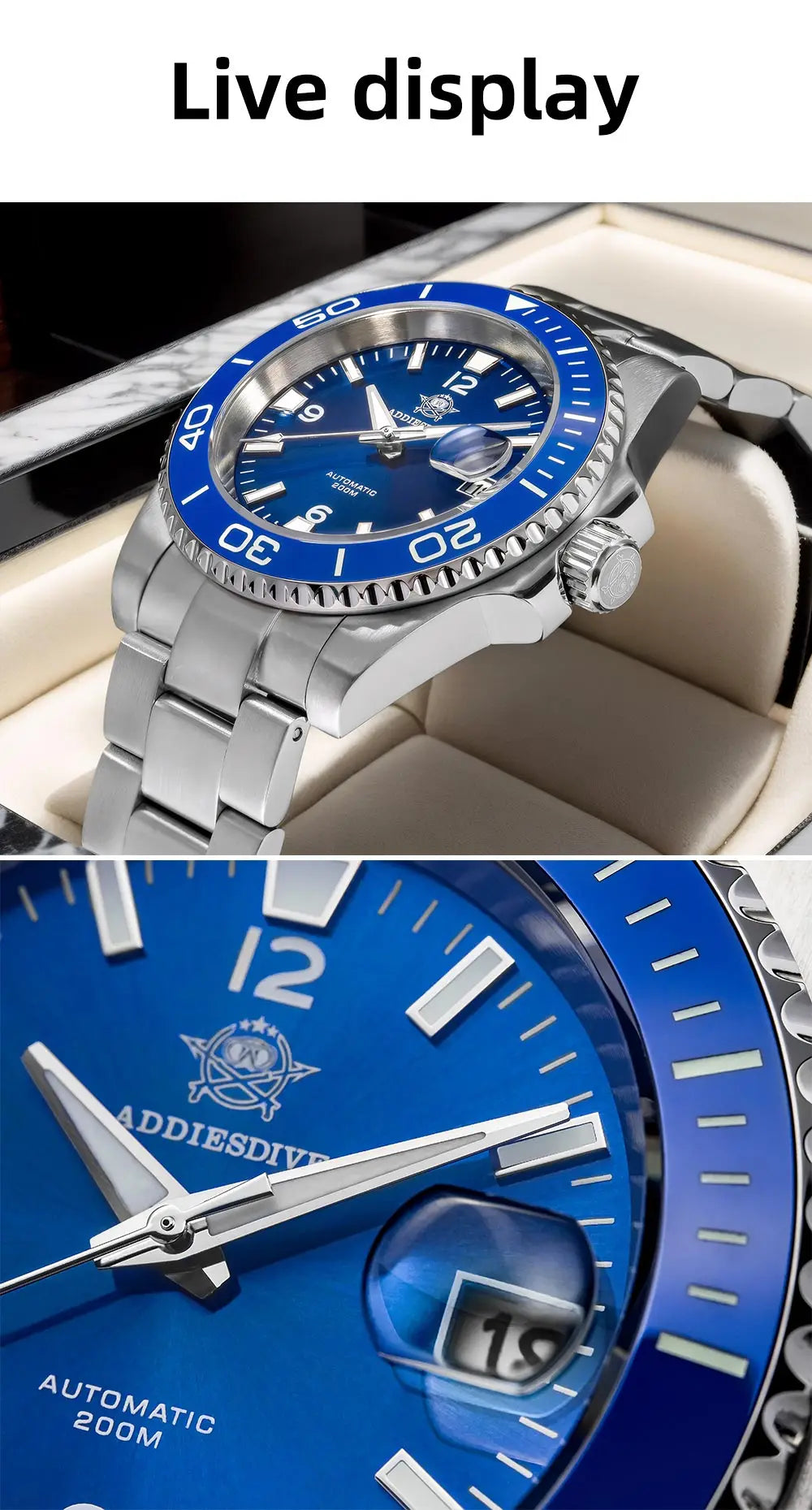 ADDIESDIVE New Diving Gift Watch Men 8215 Automatic Sapphire AR Coated Glass Ceramic Bezel Waterproof 200m Luminous Stainless St