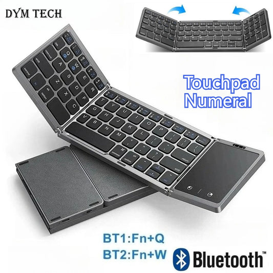 Dual Bluetooth 5.1 Keyboard 3-Folding Mini Keyboard Rechargeable Foldable Keyboard with Touchpad for Windows Android IOS iPad