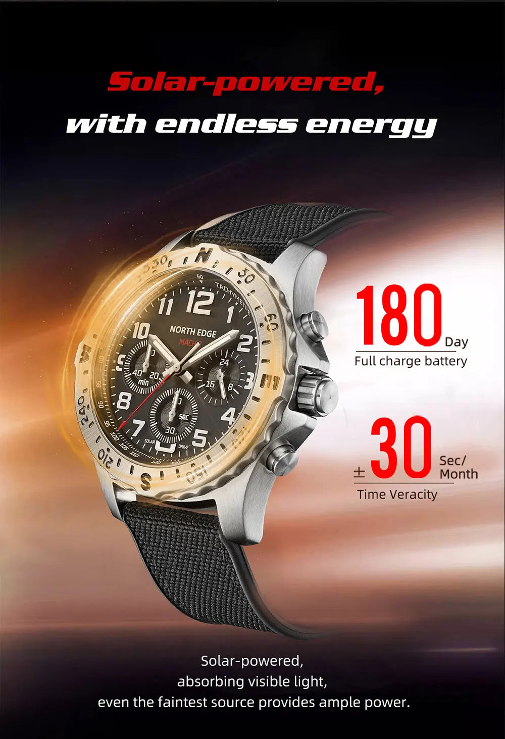 NORTH EDGE  Men's Watches Solar Power 316 stainless steel Case Quartz Watch For Men Pilot Waterproof 50M Stopwatch