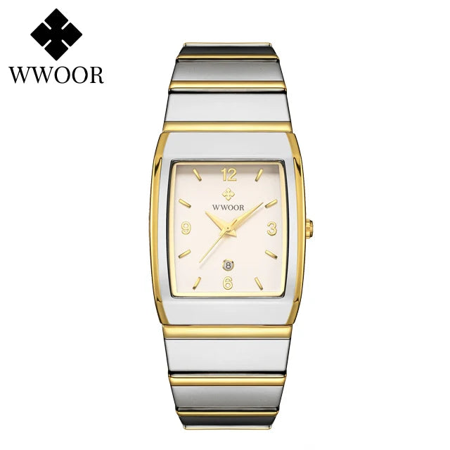 Relogio Masculino WWOOR New Man's Square Watch For Men with Automatic Date Luxury Stainless Steel Gold Mens Quartz Wrist Watches