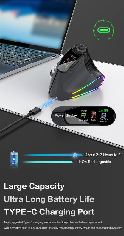 Jomaa RGB Backlit Speed Roller Wireless Vertical Mouse with Function Adjustment Knob Bluetooth USB Ergonomic Mice Slient Click