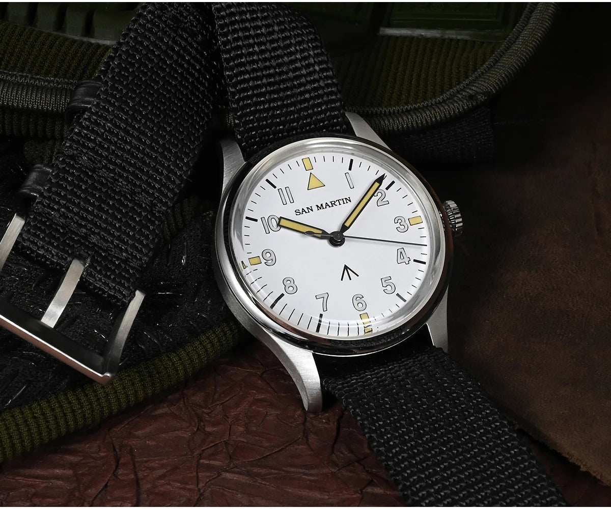 San Martin 36mm Men Pilot Watch VH31 Mechaquartz Movement Sweep Second Quartz Series Simple Style Nylon Strap 10 Bar Luminous
