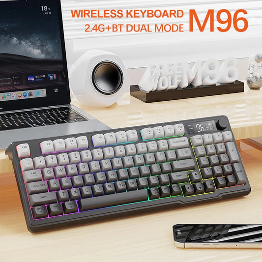 FREEWOLF M96 Bluetooth Keyboard Wireless Gaming Keyboard with Smart Screen, Multi-Device Bluetooth & 2.4G Connection, RGB Ergonomic Mechanical-Style Keyboard