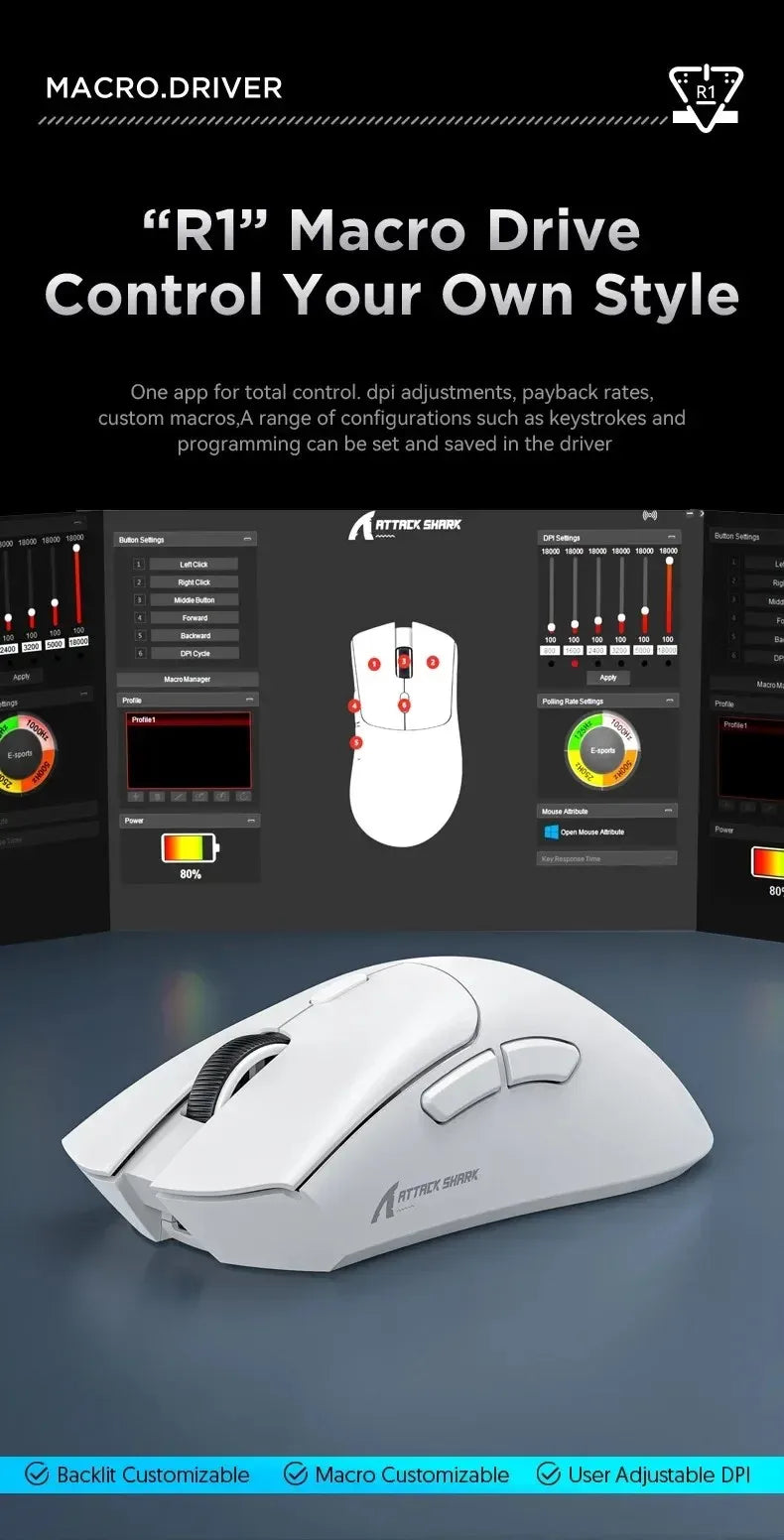 ATTACK SHARK R1 59g Ultra-Light Mouse with PAW3311, 18000 DPI, 400 IPS, 40G, 1000Hz, Tri-Mode, Broadcom BK3633 Master, 20 Million Times