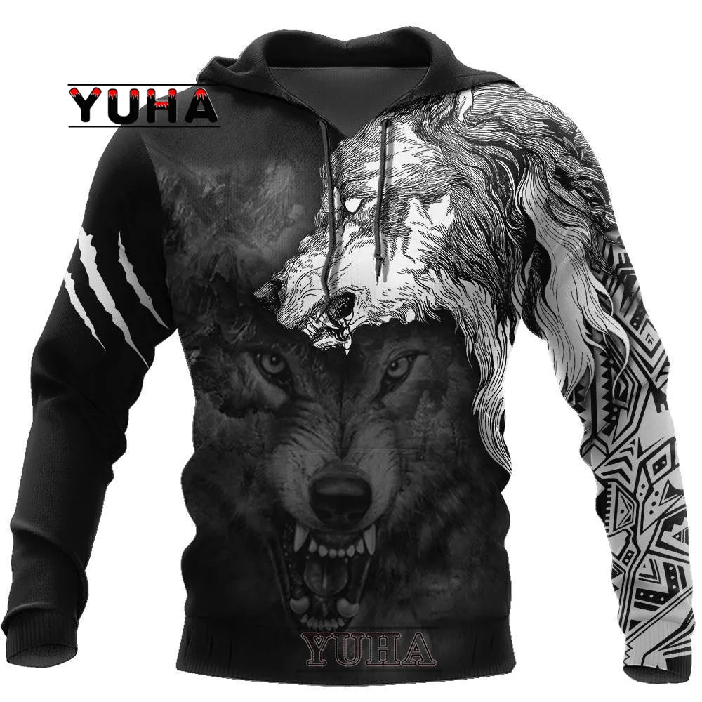 Felpa con cappuccio e felpa da uomo unisex casual autunnale New Wolf Tattoo Vegvisir nero bianco 3D con stampa integrale