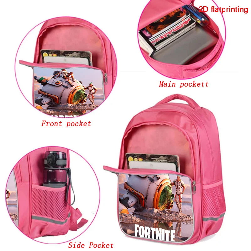 Mochila Fortnite Cartoon vermelha de 16" unissexo com fecho duplo, grande capacidade, mochila escolar para crianças, meninos e meninas dos 5 aos 8 anos