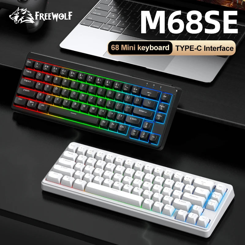 FREEWOLF M68SE Teclado con tacto mecánico de 68 teclas, mini teclado compacto con cable y silencioso para portátiles, gaming y uso de oficina