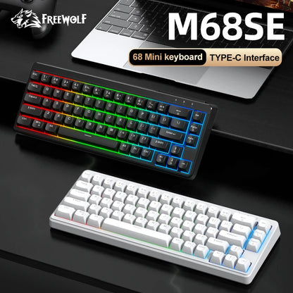 FREEWOLF M68SE Teclado con tacto mecánico de 68 teclas, mini teclado compacto con cable y silencioso para portátiles, gaming y uso de oficina