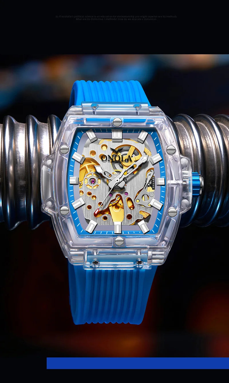 Luxury men's watch onola plastic transparent hollow full automatic mechanical watches men waterproof clock