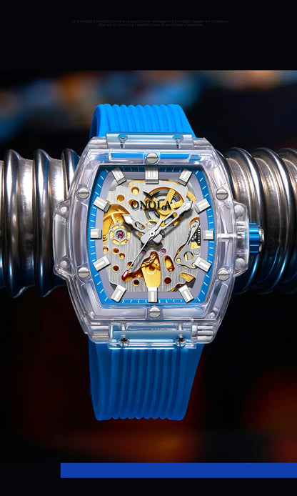 Luxury men's watch onola plastic transparent hollow full automatic mechanical watches men waterproof clock