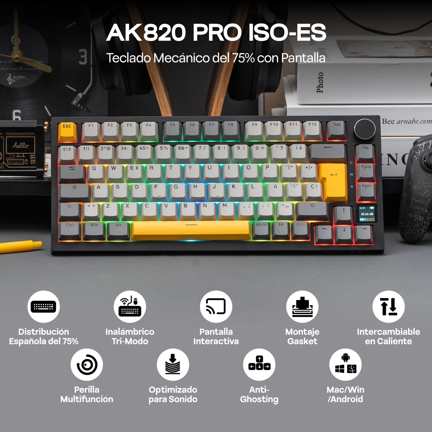 ISO-ES-Layout EPOMAKER X AJAZZ AK820 PRO 75% Spanisches Layout Kabelgebundene/2.4GHz/BT mechanische Tastatur mit Display & Drehregler für PC/Mac