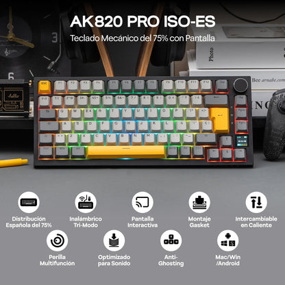 ISO-ES-Layout EPOMAKER X AJAZZ AK820 PRO 75% Spanisches Layout Kabelgebundene/2.4GHz/BT mechanische Tastatur mit Display & Drehregler für PC/Mac