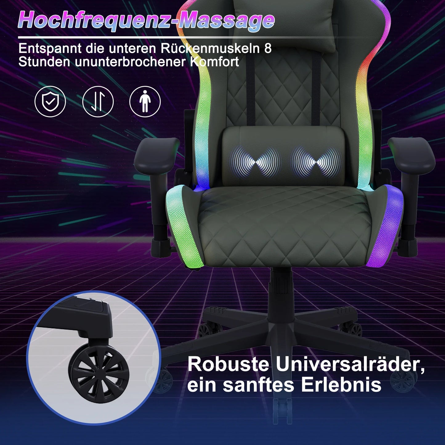 LED Gaming Chair Ergonomic Office Chair with Massage Function, RGB Gaming Chair, Adjustable Reclining Backrest 90°-135°, Height Adjustable Gaming Chair for Adults up to 150kg