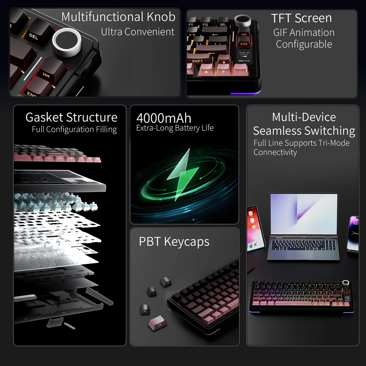 Tastiera meccanica AULA S75 PRO 75% layout personalizzato, retroilluminazione RGB, wireless Bluetooth, tastiera da gaming con schermo e manopola