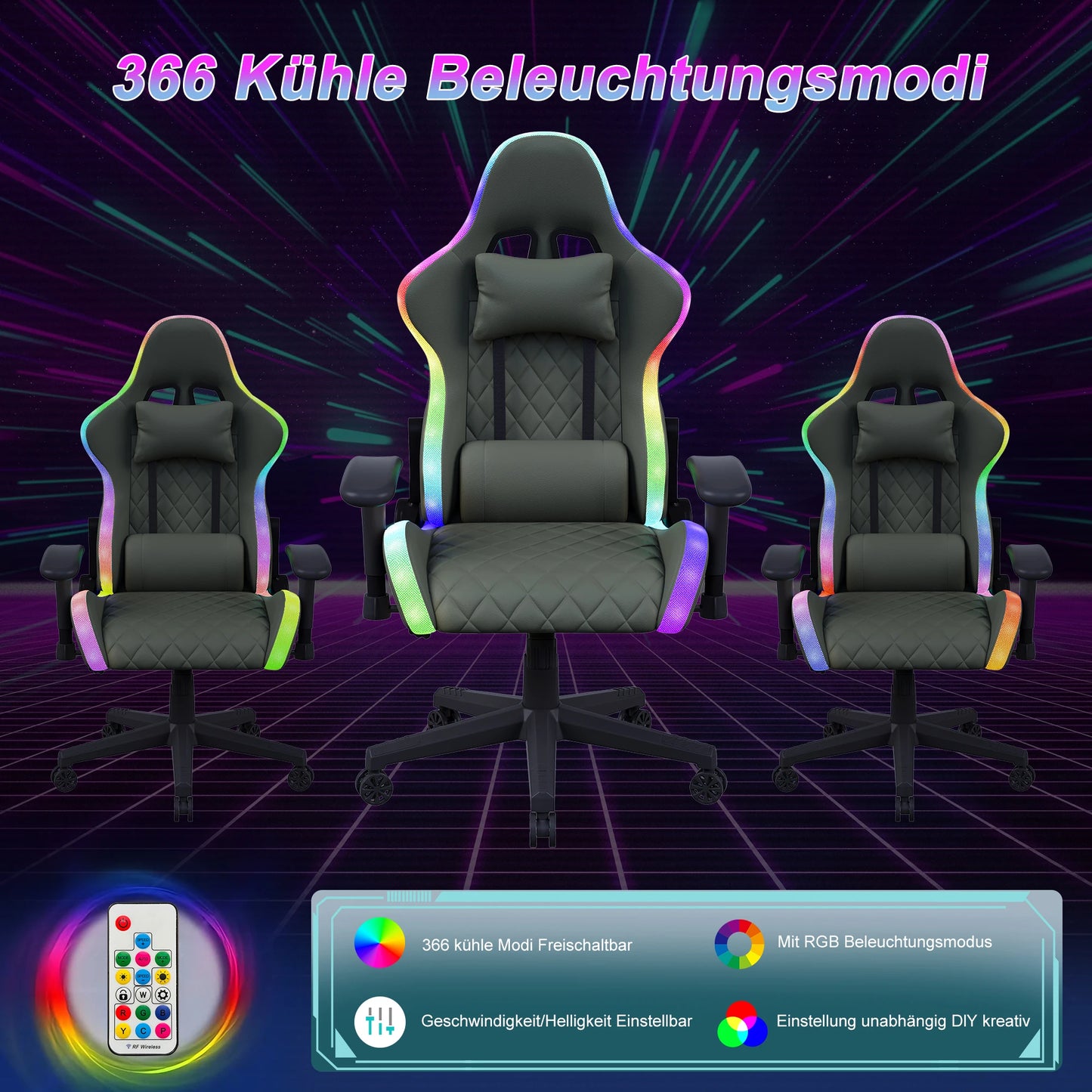Ergonomic Gaming Chair with LED RGB Lights, Adjustable Gamer Chair with Lumbar Massage Support, Reclining Computer Chair for Teens & Adults