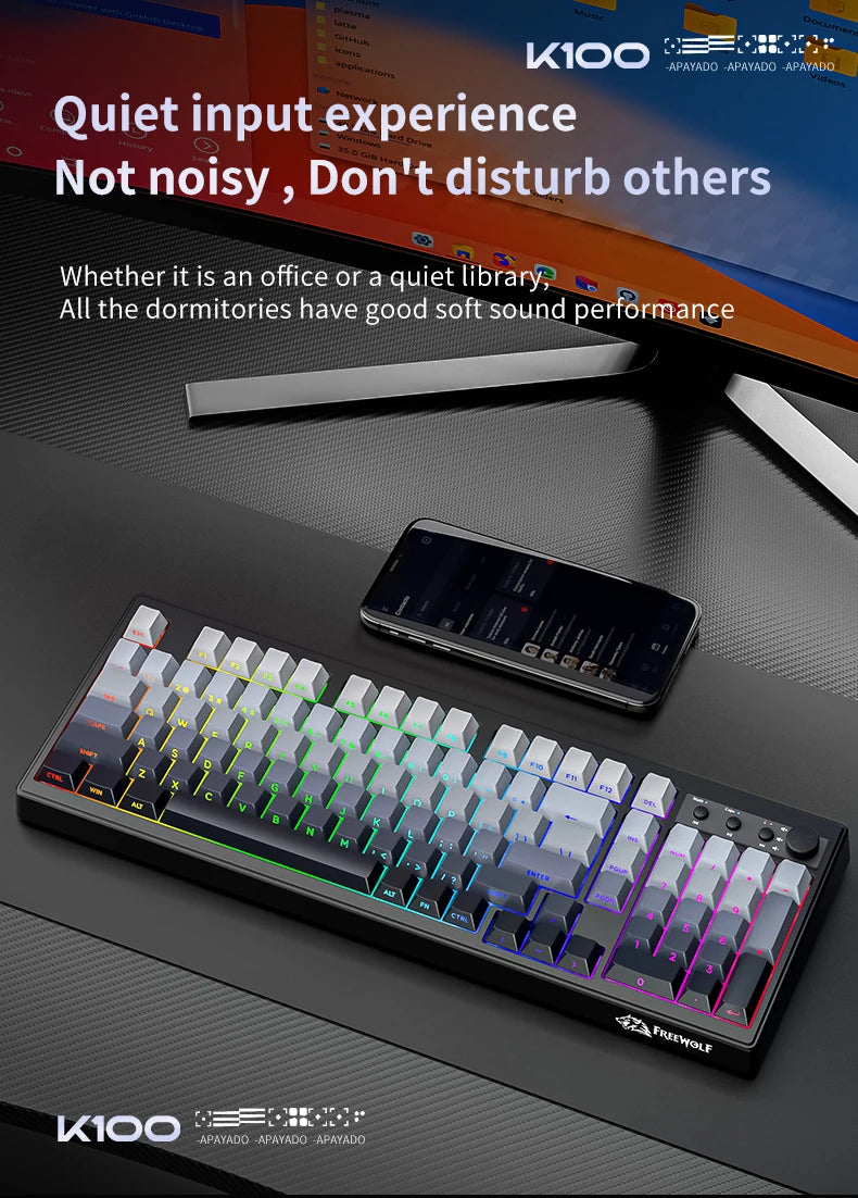 FREEWOLF K100 Wireless Keyboard Quiet with Media Knob|Side-print Backlit|4000mAh|26-Key Rollover Mechanical Feel Keyboard