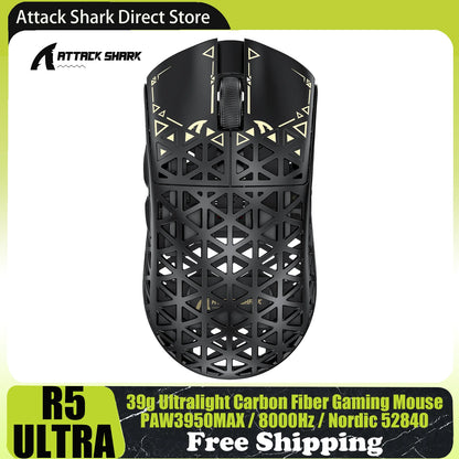 Rato Gaming Sem Fios ATTACK SHARK R5 Ultra em Fibra de Carbono, Sensor Gaming PixArt PAW3950MAX, 42000DPI, 8000Hz, MCU Nordic 52840