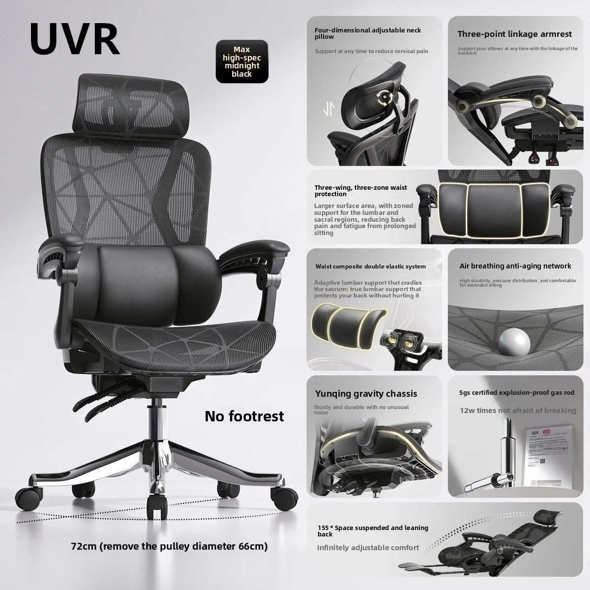 UVR Gaming Computer Chair Ergonomic Office Chair with Reclining Backrest, Adjustable Height, Comfortable Mesh Executive Swivel Chair for Home & Work