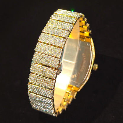 Men's Luxury Barrel-Shaped Quartz Watch With Black Iced Diamond Rainbow Number Dial Luminous Hands Watches For Man Dropshipping