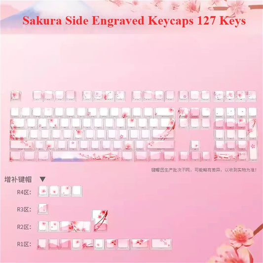 Juego de teclas Sakura Pink con grabado lateral, PBT translúcido, 127 teclas para switches MX y teclados mecánicos 60/84/90/104/108