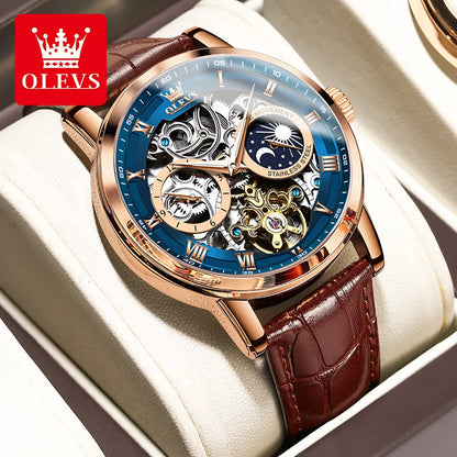 OLEVS Top Brand Men's Skeleton Mechanical Watch, Waterproof Leather Strap, Moon Phase, Automatic Tourbillon Wristwatch