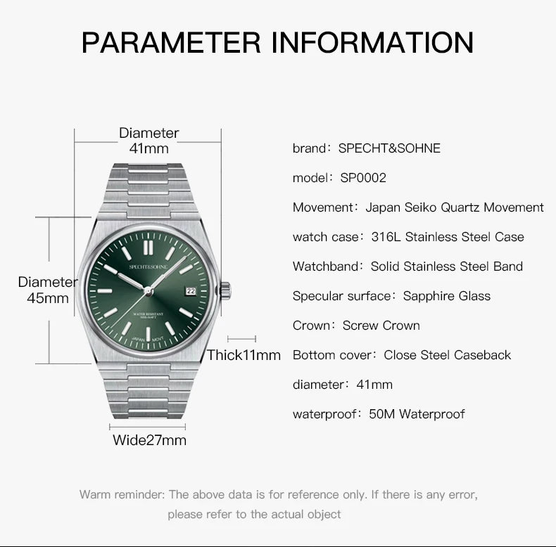 2025 SPECHT&SOHNE New Rubber Strap Fashion Quartz Watches For Men Stainless Steel Watch Ice Blue Luminous Sapphire Crystal 5BAR