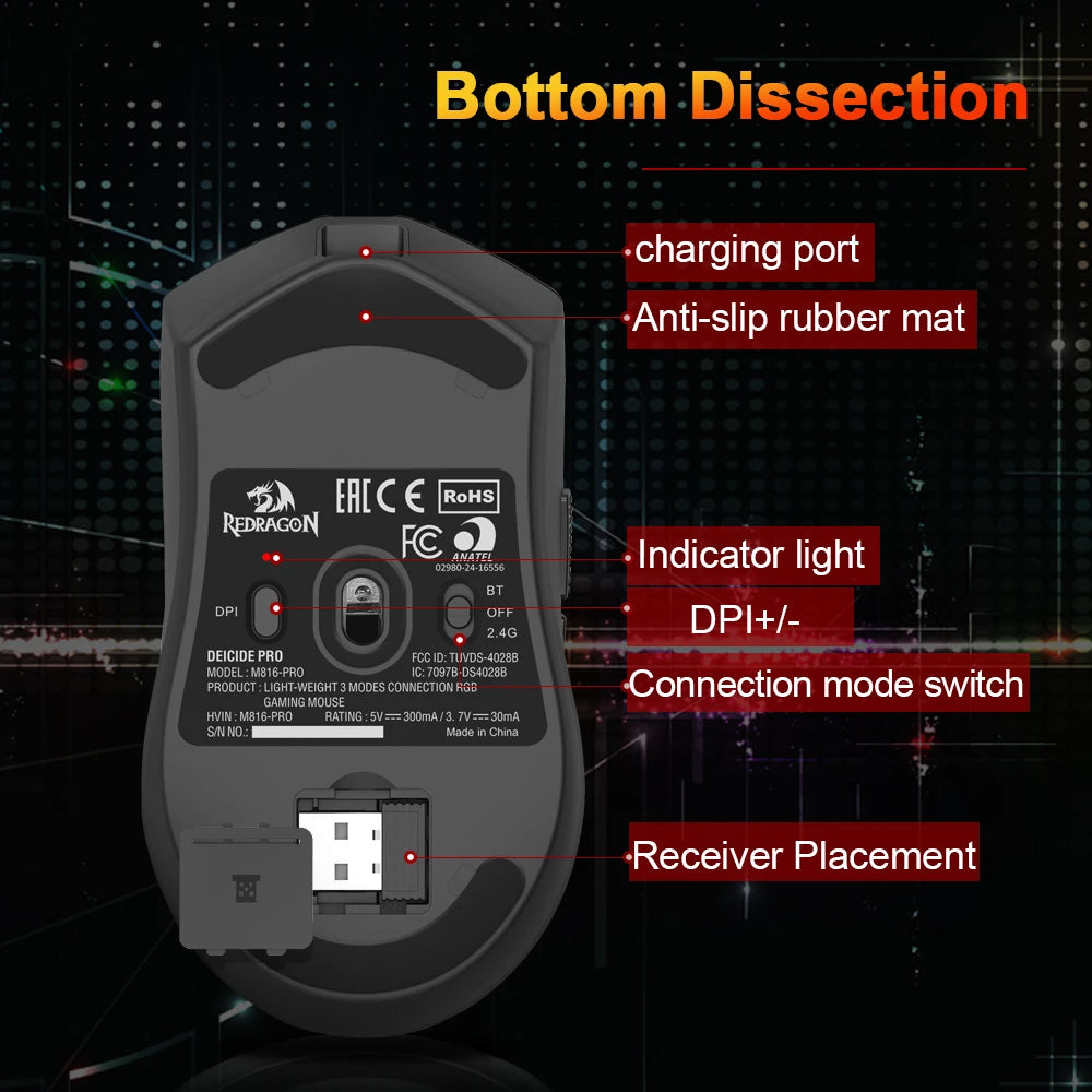 Ratón gaming REDRAGON DEICIDE M816 PRO RGB USB con soporte Bluetooth 2.4G inalámbrico, 26000 DPI, 6 botones para gamers, ratón con cable para ordenador