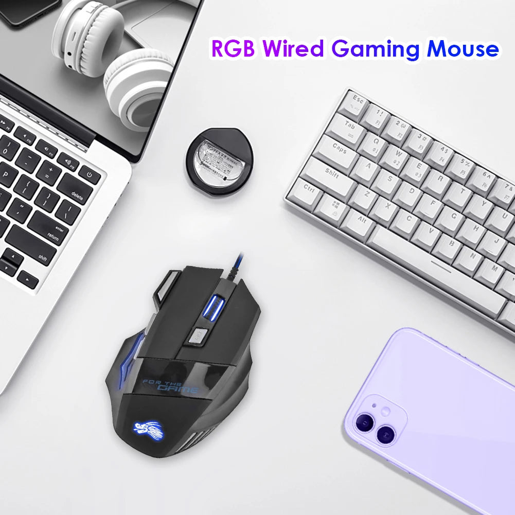 Rato Gaming com Fio, Retroiluminação de 7 Cores, 5500 DPI Ajustáveis, Preto, Rato Ótico com Fio para PC Gamer e Computador de Secretária
