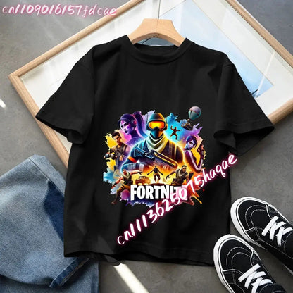 Fortnites Kids Black Cotton T Shirt Fortress Night Baby Short Sleeve Tees Shirt Cartoon Boy Girl Summer Clothes Kawaii Tops Gift