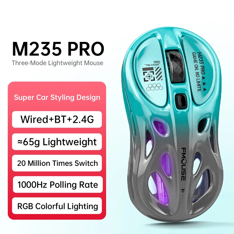 Rato Gaming Sem Fios 2.4G Trimodo RGB, Design Oco Leve com Iluminação Chroma, Com Fios/Bluetooth, Rato E-Sports Controlador
