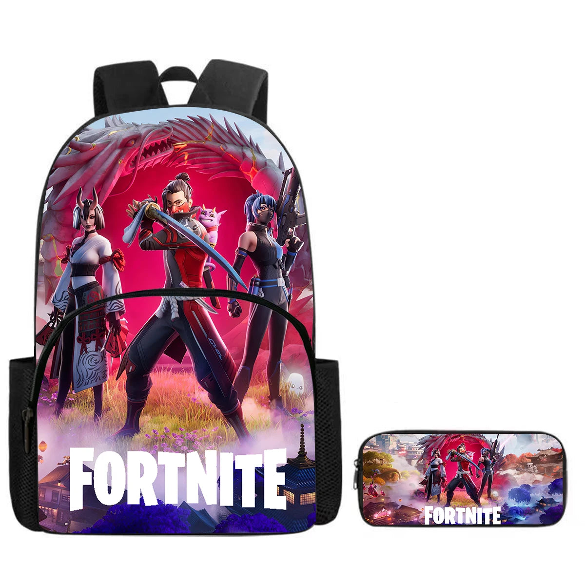 Fortnite Cartoon Backpack w/ Front Pocket & Pencil Case 2PCS - School Set for Boys Girls Age 5-8, Back to School Gift